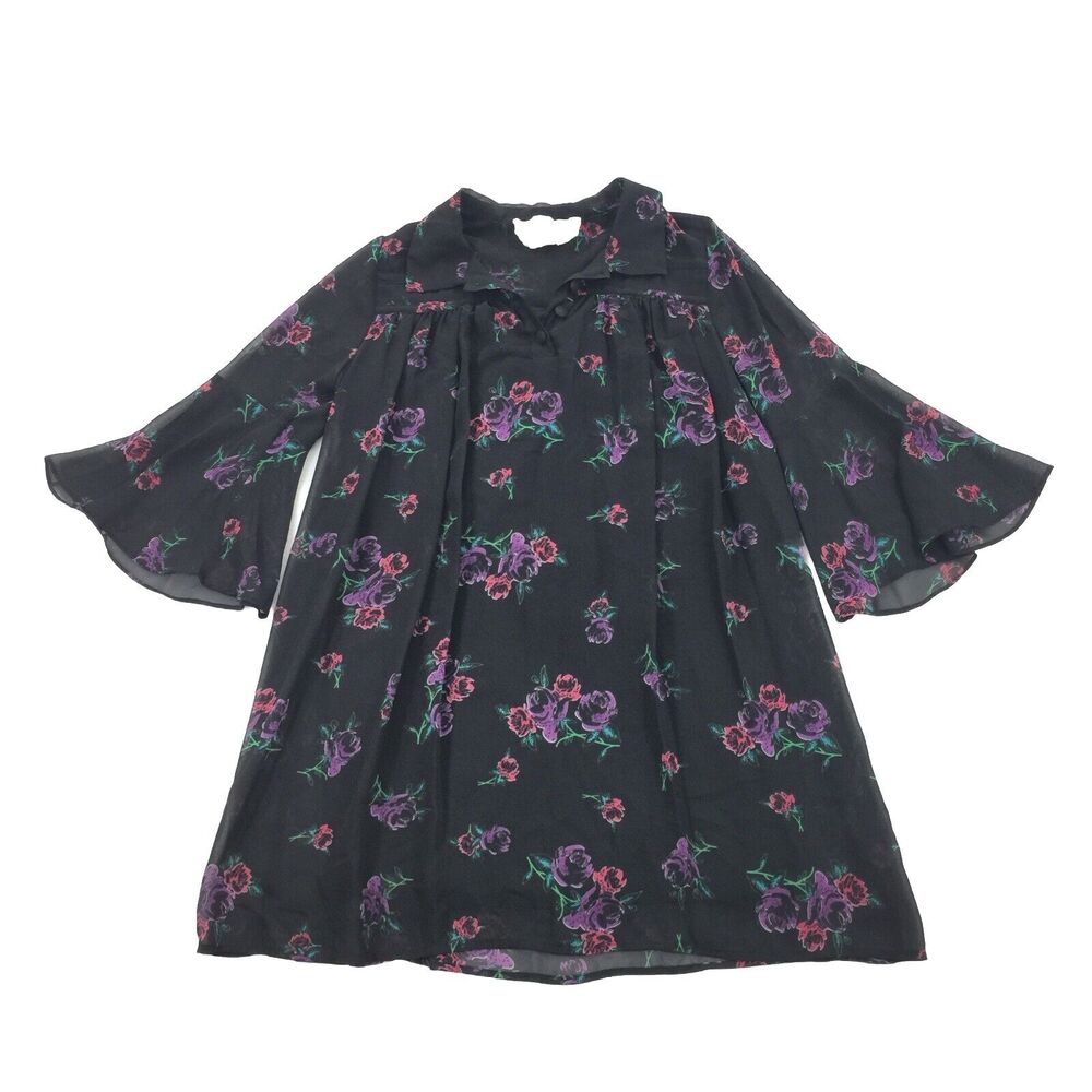 Coincidence & Chance Floral Print Shift Dress Size XS Womens Black Roses Purple